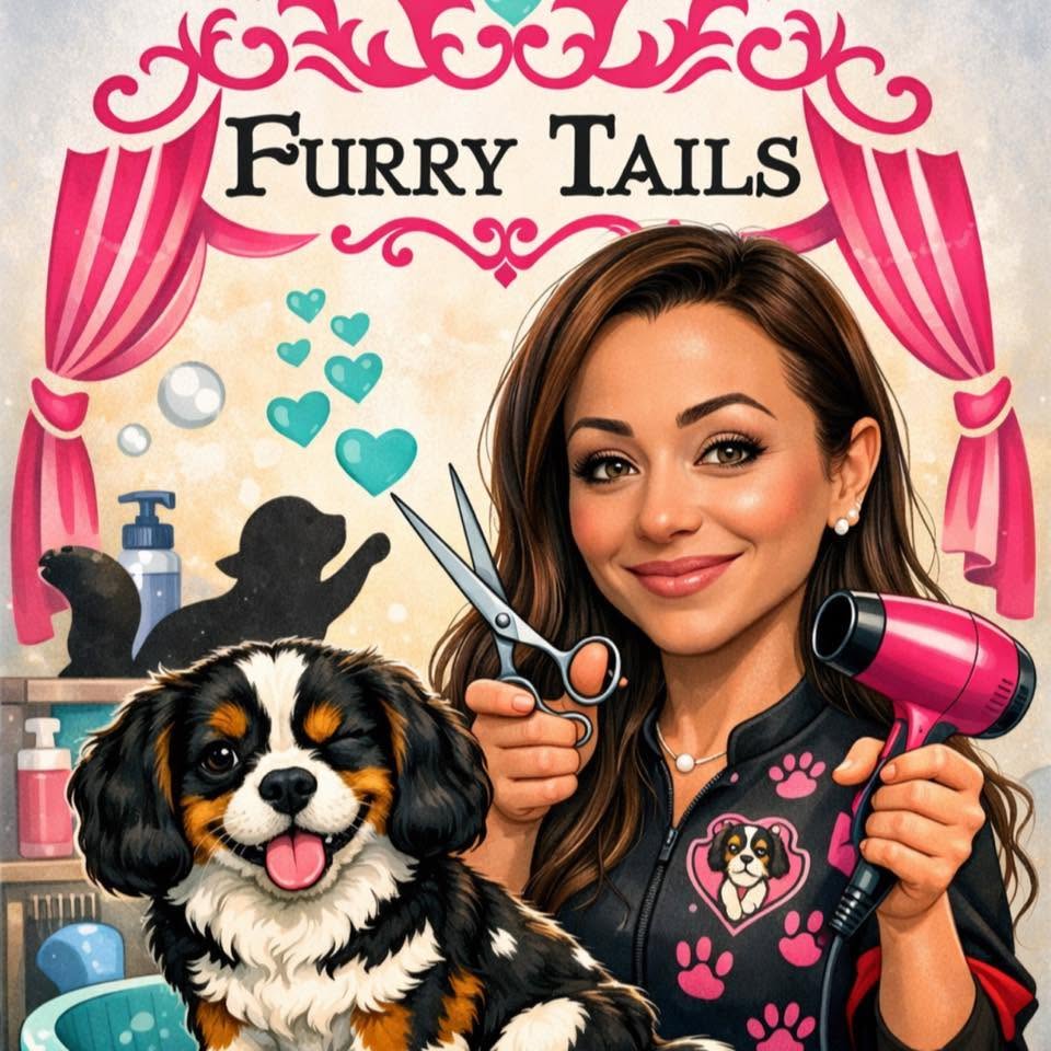 Furry Tails — Francesca with grooming tools and a happy puppy